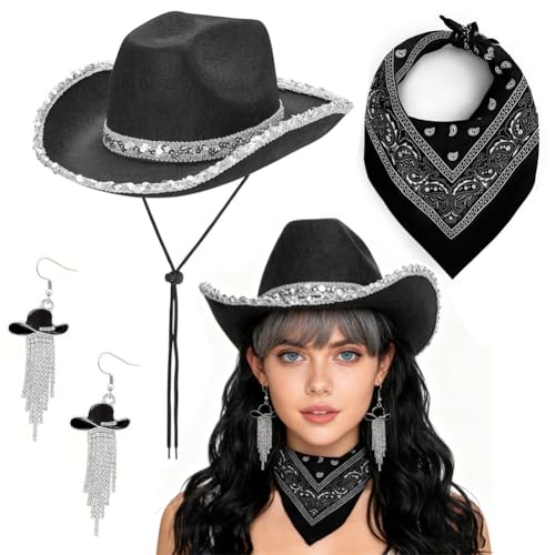 CLKDPNO 3Pcs Western Cowboy Hat Set for Women, Cowgirl Costume Accessory Set with Hat Earring Belt Bandana for Masquerade for Hen Parties, Stag Dos, Bachelor Party Cosplay & Themed Events - Black