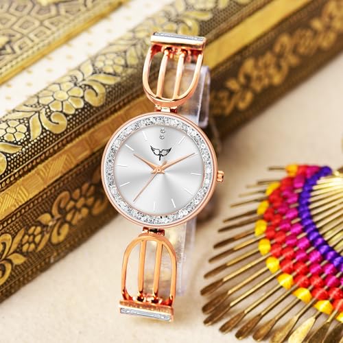 Image of WHITE BIRD Premium Girl Wrist Watch Rose Gold Plated Analog Watch Diamond Studded Dial Stylish Bracelet Strap Stainless Steel Band Perfect for Women