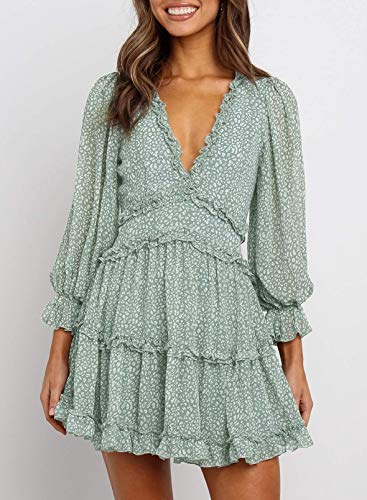 Happy Sailed Womens Cute Boho Dresses Spring Summer 2023 Casual Deep V-Neck Long Sleeve Ruffle Layer A Line Chiffon Swing Mini Dresses Large Green #TOP3
