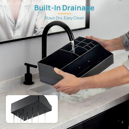Image of Vtopmart 5 PCS Bathroom Countertop Organizer, 1 Divided Tray with 4 Qtip Holder Jars, Restroom Clear Organizers for Toothbrush, Cotton Pads Balls, Floss, Bathroom Vanity Accessories Storage Set, Black