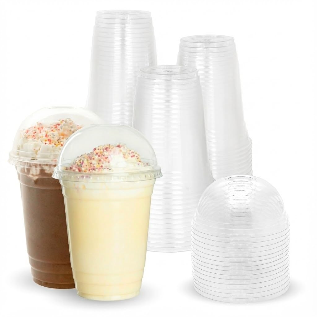 12oz (350ml) Clear Cups with Dome Lids [200 Pack] - Strong Recyclable Cold Drink Cups for Smoothies, Iced Coffee, Milkshakes, Bubble Tea, Boba, Slushies, Frappes, Juice & Takeaway Use