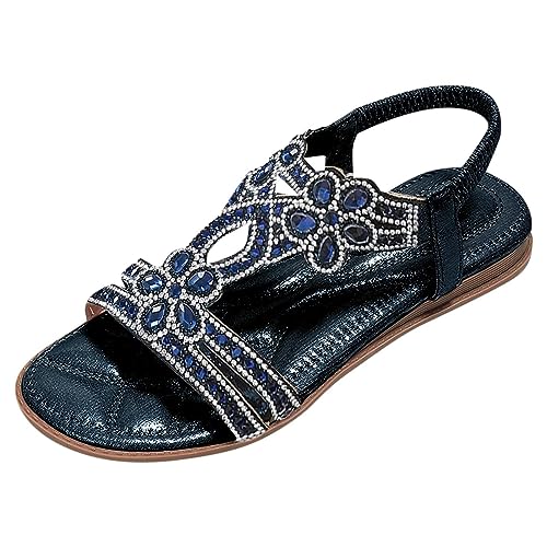 Women Rhinestone Sandals for Women,Sparkly Bling Flat Sandals with Elastic Ankle Strap,Bling Sandals for Women 2025,Crystal Bohemian Beach Sandals,Open-Toe Low Heeled Sandals