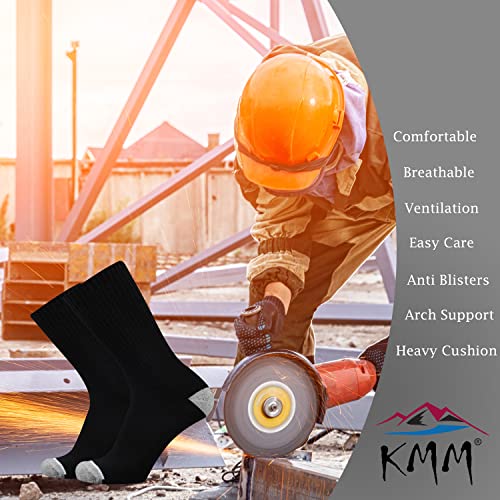 Kmm Men's Cotton Full Thick Cushion Crew Socks Moisture Control Heavy Duty Work Boot Dry Fit Warm Thermal Anti Sweat Blisters(Black L) #TOP4