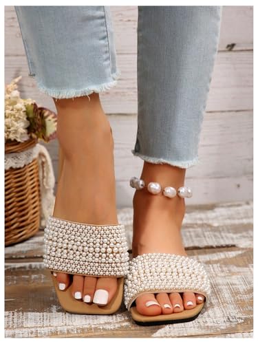 OYOANGLE Women's Pearl Decor Square Toe Sandals Leather Open Toe Flat Slip On Slides4