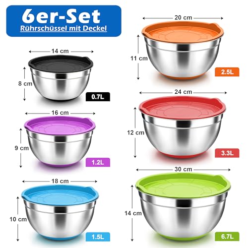 Foto von Herogo Rührschüssel 6er Set, Edelstahl Salatschüssel Schüssel Set mit Luftdichtem Deckel & Rutschfest Böden, Ideal Zum Kochen/Backen/Aufbewahrung/Servieren, Stapelbar, 6,7L/3,3L/2,5L/1,5L/1,2L/0,7L