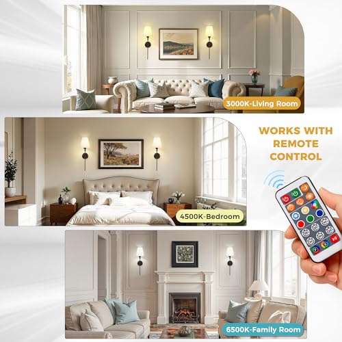 Image of DORESshop Battery Operated Wall Sconce Set of 2, 7 Color Wireless Wall Light Easy to Install, Sconce Wall Decor Set of 2 for Bedroom, Living Room, Fabric Linen Shade, Black, 24.6in