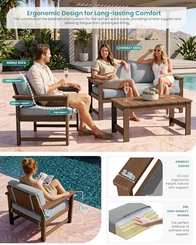 Image of SERWALL HDPE Outdoor Loveseat with Cushions, All Weather Use Outdoor Loveseat Sofa, Brown Frame /Grey Cushion