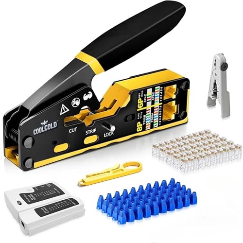 Image of COOLCOLD RJ45 Crimping Tool, for Cat7 /Cat6 /Cat5 - Professional Pass Through Ethernet Crimper Set with Cable Tester (RJ45 /RJ11), Wire Stripper, 20 Cat6 Connectors & 20 Boots, Network Installation Kit