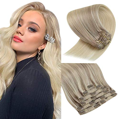 VeSunny Blonde Clip in Hair Extensions 14inch Short Ombre Clip in Extensions Human Hair Ash Blonde Fading to Platinum Blonde Double Weft 7pcs 100g