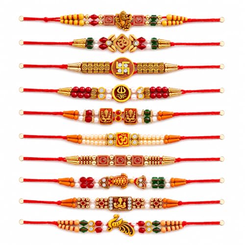 Image of Pride Store Traditional 10 Rakhiya Set, Decorative Thread Bracelets with Om and Ganesh Designs, Pearl and Crystal Beads, Red and Gold | Rakhiya For Family
