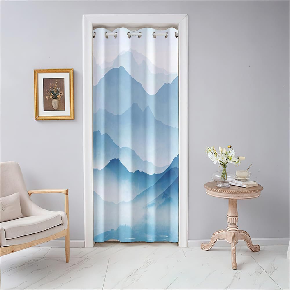 Odot Cortina de Puerta con Ojales,Cortinas Opacas para Salón y Dormitorio, con Pintura de Paisaje Azul de Estilo Chino, Cortina de Privacidad 1 Pieza para Vestuario Armario (80x180cm,Estilo A)