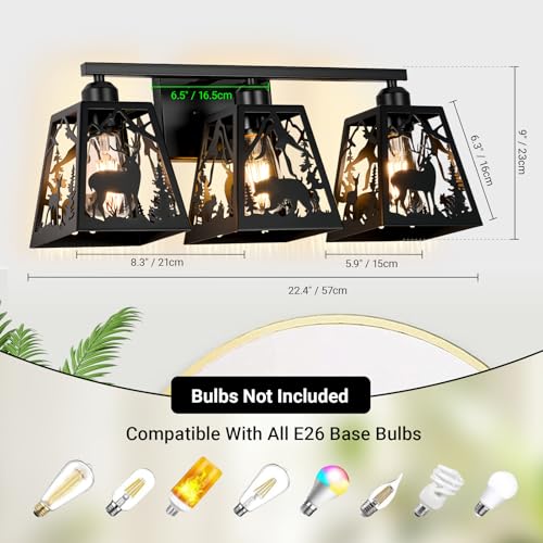 Image of Rustic Bathroom Light Fixtures with Deer Bear,3-Light Metal Shade | Farmhouse rustic style, Deer Bear Design,Openwork Engraved,Wall Light for Bathroom, Hallway, Kitchen, Porch,Study