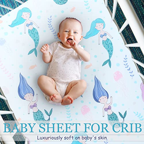 Image of Cloele Mermaids Crib Sheet Baby Girls,1 Pack Baby Nursery Sheet,52x28in | Fitted Sheet, 100% Polyester, Cozy Bed Sheet For Standard Crib and Toddler Mattresses, Infant Toddler Sheet