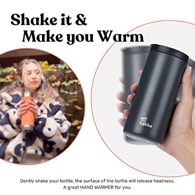 Lykka 14oz Travel Tumbler: Shake-to-Heat & Cool, Hand Warmer, Spill-Proof Lid, Stainless Steel Insulation (Dark Night Grey)