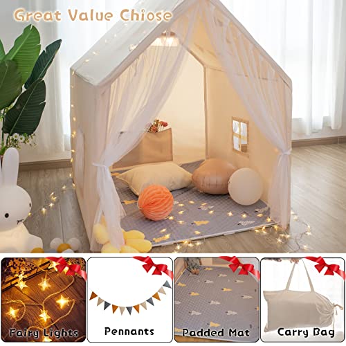 Treebud Play Tent With Padded Mat, Pennant Banners, Fairy Lights - Kids Playhouse With Large Space For Indoor And Outdoor, Large Play House Toys For Toddler, Boys And Girls (Cream) #TOP1