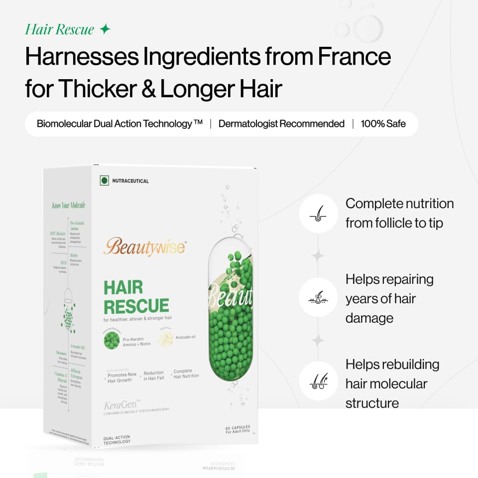 Image of Beautywise HairRescue 60 Capsules| Biotin, Pro Keratin Amino Acids & DHT Blockers | For Hairfall Control & Hair Regrowth | Clinically Tested Ingredients in Dual-Action Capsules | Hair Care Supplement