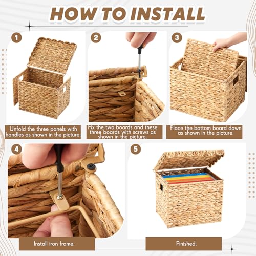 Image of Jingmore File Organizer Box with Scalloped Lid, Water Hyacinth, Brown | Portable Storage Box Collapsible Letter Hanging Filing Organizer Basket for Office /home, Woven Wicker Decorative Document Box