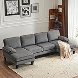 Karl home U-Shape Sectional Sofa Couch 111' Modern 4-Seat Sofa with Chaises Corduroy Fabric Upholstered Covertible Couch with Wood Grain Legs for Living Room, Reception Room, Apartment, Dark Gray