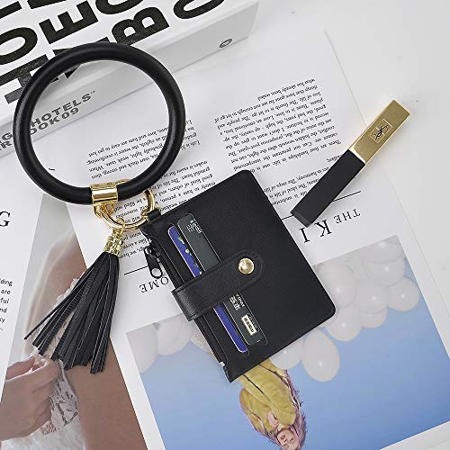 Doormoon Keychain Wallet With Id Badge, Tassel Ring Circle Wristlet Key Chain Holder - Black With Card Purse #TOP3