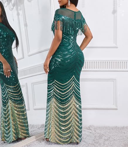 Image of Cololura Sexy Sequin Tassel Mesh Perspective Party Cocktail Bodycon Evening Club Maxi Dress