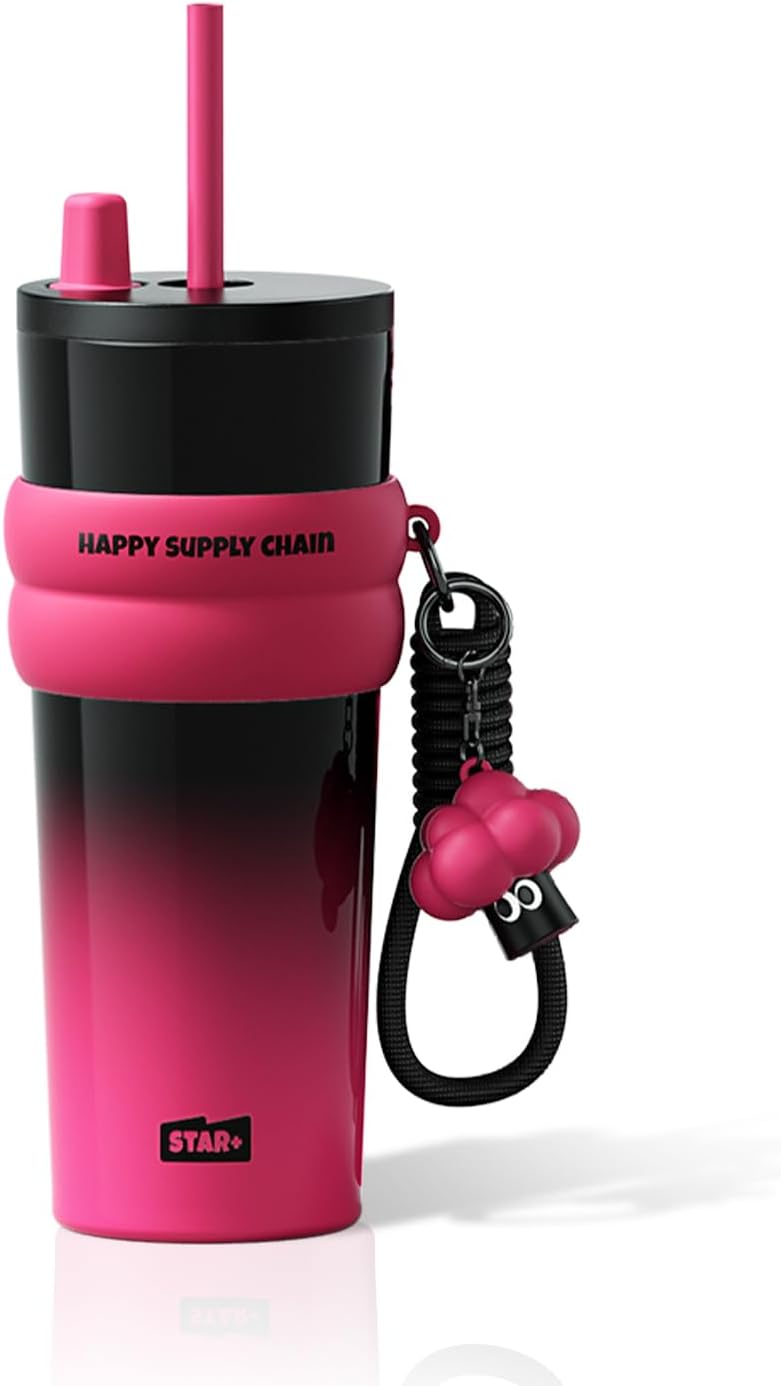 24 oz Stainless Steel Tumbler with Lid and Straw, Insulated Water Bottle Leak Proof for Hot and Cold, Portable Travel Coffee Mug, Reusable Coffee Cup for Women, Black&Pink
