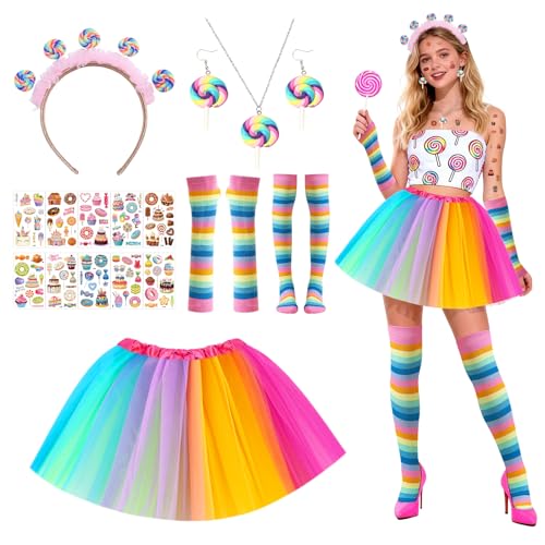 Ycaaeo 16 Stück Lollipop Kostüm Damen, mit Tüllrock, Haarreif Candy, Tattoos, Ohrringe, Halskette, Handschuhe, Socken, Bonbon Kostüm Damen, Kostüm Candy Damen Rock, für Karneval, Themenparty