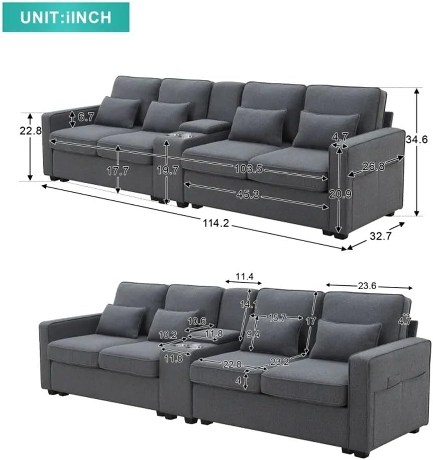 114.2" Upholstered Sofa with Storageable Coffee Table and 2 Cupholders, Port, Linen Fabric Couches