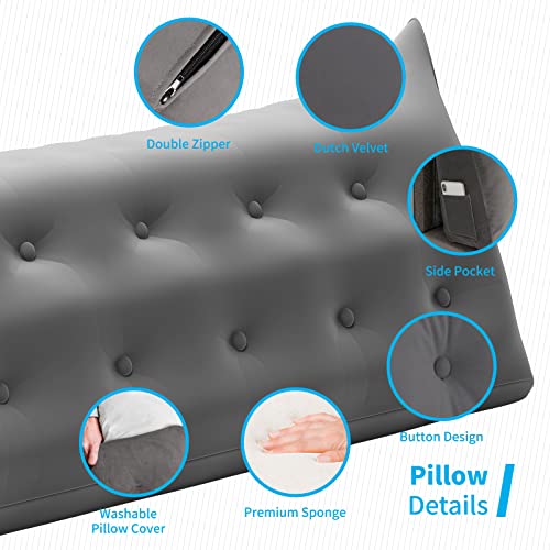 Mjkone Reading Pillow Bed Wedge With Side Pockets, Velvet Bolster Pillow Headboard, Bed Back Pillow With Removable Cover, Headboard Backrest Support Cushion Use For Bed, Sofa (Grey Queen) #TOP1