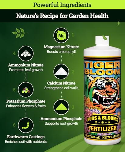 FoxFarm Tiger Bloom Liquid Fertilizer Concentrate - Fast Acting Formula for Vicious Growth with Phosphorus - Encourages Fruit, Flower & Bud Development, NPK 2-8-4 (Quart)