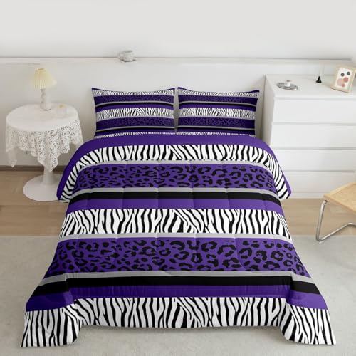 Image of Feelyou Leopard Print Comforter Set Toddler Size Zebra Stripes Bedding Set for Kids Boys Girls Teens Purple Black White Zebra Leopard Fur Comforter Safari Animal Hair Duvet Set Room Decor Quilt