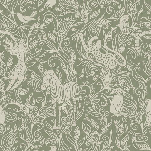 Vinjiasin Boho Safari Animal Wallpaper, Green Neutral Tone Jungle Leopard Zebra Bird Peel and Stick Wallpaper,Waterproof Contact Paper for Nursery Bedroom Living Room Home Decor 17.7" x 78.7"