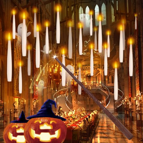 Image of NURADA Floating Candles with Wand Remote Timer - 24 Pcs Magic LED Hanging Flameless Taper Candles Flickering Battery Operated for Halloween Birthday Theme Party Holiday Home Window Decor - White