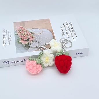 Cute Weaving Strawberry Car Key Chain Ring Charm Boho Strawberry Keychain Pendant For Women Girls Backpack Purse
