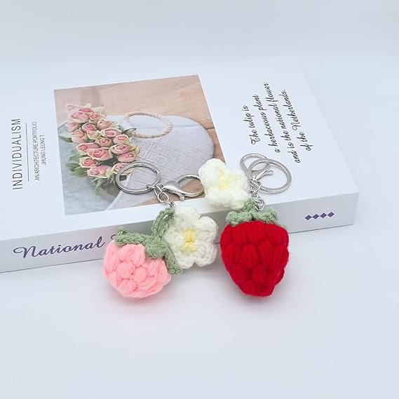 Cute Weaving Strawberry Car Key Chain Ring Charm Boho Strawberry Keychain Pendant For Women Girls Backpack Purse