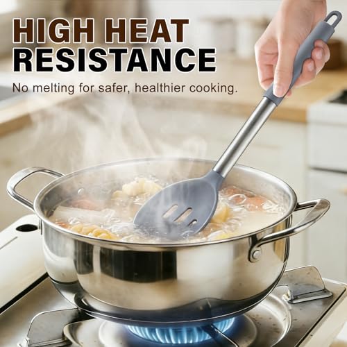 Image of 5Pcs Silicone Cooking Utensils Set, Heat Resistant Kitchen Tools Include Solid&Slotted Spatula, Cooking Spoon and Pasta Server, Silicone Kitchen Utensils set for Nonstick Cookware Flipping, Gray