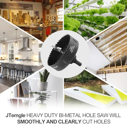 Image of 4-1 /2 Inch Hole Saw with 1 /2 inch Triangle Shank Quick Change Arbor, JTemgle Bi-Metal Hole Saw Heavy Duty Hole Cutting Tool for Cornhole Boards, Recessed Lights, Wood, Plastic, Drywall & Soft Metal