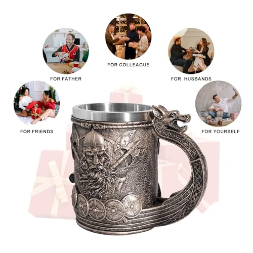 Viking Mug Beer Stein Tankard, Stainless Steel Drinking Tankard Mug Coffee Cup, Medieval Norse Mythology Folklore Poetic Edda Gothic Decor Party Decoration Drinkware Gift for Men (Odin) - Thumbnail 7