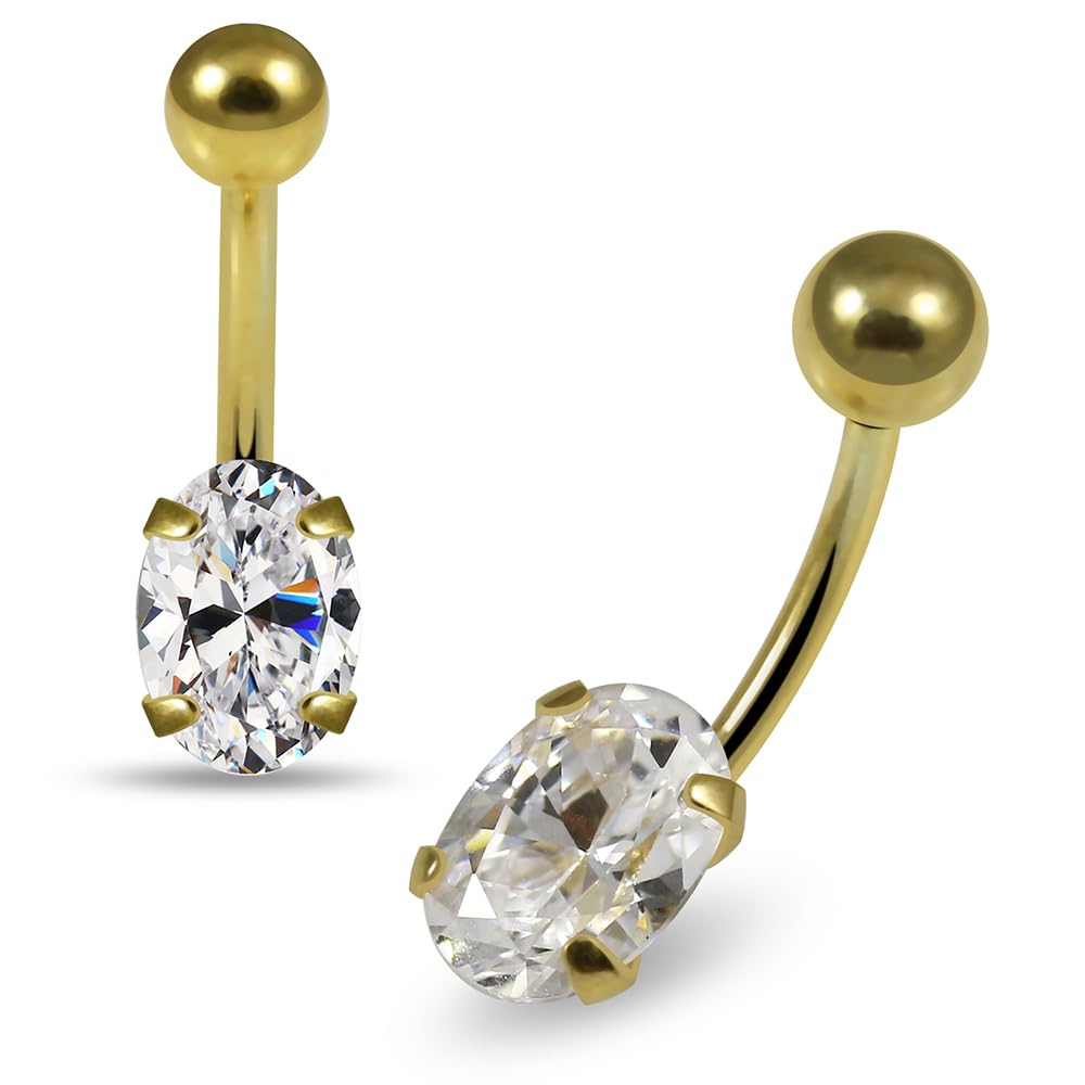Piercing para ombligo de oro amarillo macizo de 14 quilates con circonita cúbica ovalada, calibre 16, joyería para ombligo, joyería para ombligo, anillos curvados de oro, 16 Gauge (