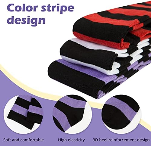 3 Pairs Women Striped Thigh Socks Knee High Sock Ladies Over Knee Long Boot Stocking for Girls Leg Warmer High Socks Casual for Daily Wear Cosplay One Size Purple Red Black