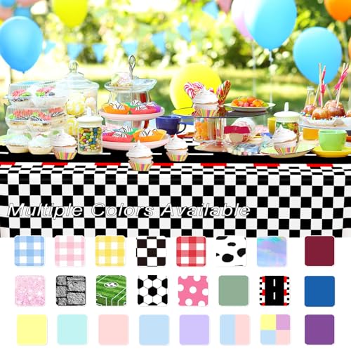 Image of WNINK 3 PCS Racing Car Theme Tablecloths Car Disposable Plastic Tablecloths Black Checkered Flag Table Covers Racetrack Rectangular Tablecloth for Race Car Birthday Party Decorations, 54 x 108 Inch