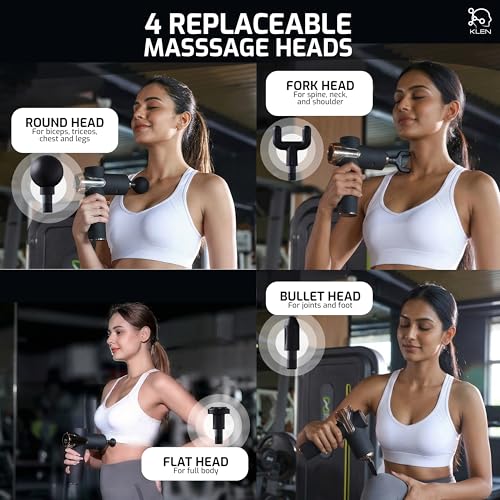 Image of KLEN Massage Gun for Pain Relief Rechargeable Handheld Deep Tissue Percussion Massager with 4 Interchangeable Heads Muscle Relaxation at Gym & Travel (99 Speed Settings)
