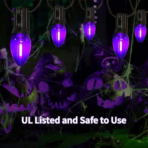 Image of 25FT C7 Purple LED String Lights, Black Wire Outdoor Halloween | IP44 Waterproof & Shatterproof, End-to-End Connectable, Perfect for Patio, Porch, Railing, Party or Holiday Decor