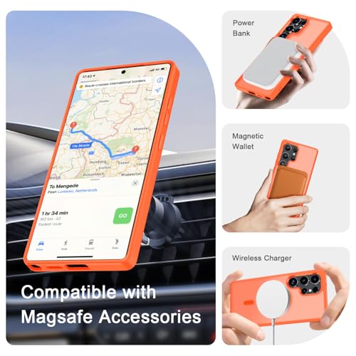 Image of YENAPOON for Samsung Galaxy S25 Ultra Case, Matte Magnetic Phone Cover [with 1 Screen Protector] [Support for MagSafe] [Shockproof Military Grade Protection] Translucent Frosted Back, Orange