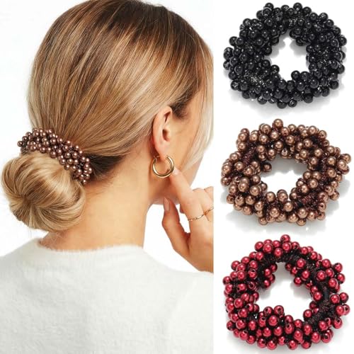 Fashey Pearl Hair Ties Black Fancy Ponytail Holders Beaded Scrunchies Decorative Hair Accessories for Women