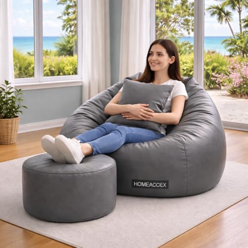 Image of 4XL Rexin Leather Filled Bean Bag with Footrest & Cushion Jumbo Bean Bag with Filled Beans, Capacity Upto 130 Kg Weight, Grey