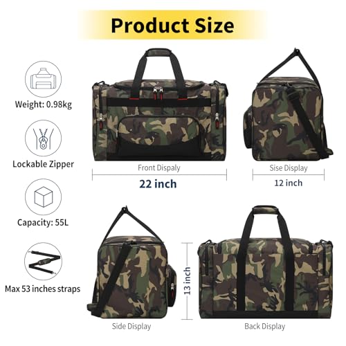Image of Gym Bag 22 inch Sport Duffle Bag for Men, Camo | 55L, Large Capacity, Multi Pockets, Workout, Weekender, Travel
