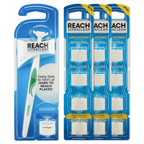 Reach Ultraclean Access Flosser Bundle Unflavored Plaque Remover for Teeth for Hard to Reach Areas Oral Care PFAS-Free 1 Flosser Starter Kit + 3 Packs Refill Heads