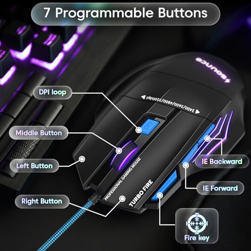 Image of Sounce Apex Wired Gaming Mouse with 7200 DPI Precision Optical Sensor, 7 Programmable Buttons, RGB LED Modes, Braided Cable and Ergonomic Comfortable Design for PC Laptop Desktop Gamer Use (Black)