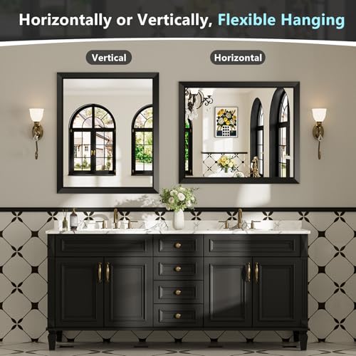 Image of 20x28 Inch Black Bathroom Mirror for Wall, Beveled Framed Rectangle Bathroom Vanity Mirrors for Over Sink, Bedroom, Living Room, Entryway, Anti-Rust, HD Tempered Glass, Horizontally /Vertically