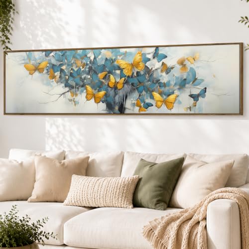 Image of Large Canvas Painting Panel Framed Wall Painting Abstract Tree with Yellow Butterfly Framed Luxury Paintings for Home Decoration, Living room, Bedroom and Office Decor (Sku Blue, 13x47 Inch)